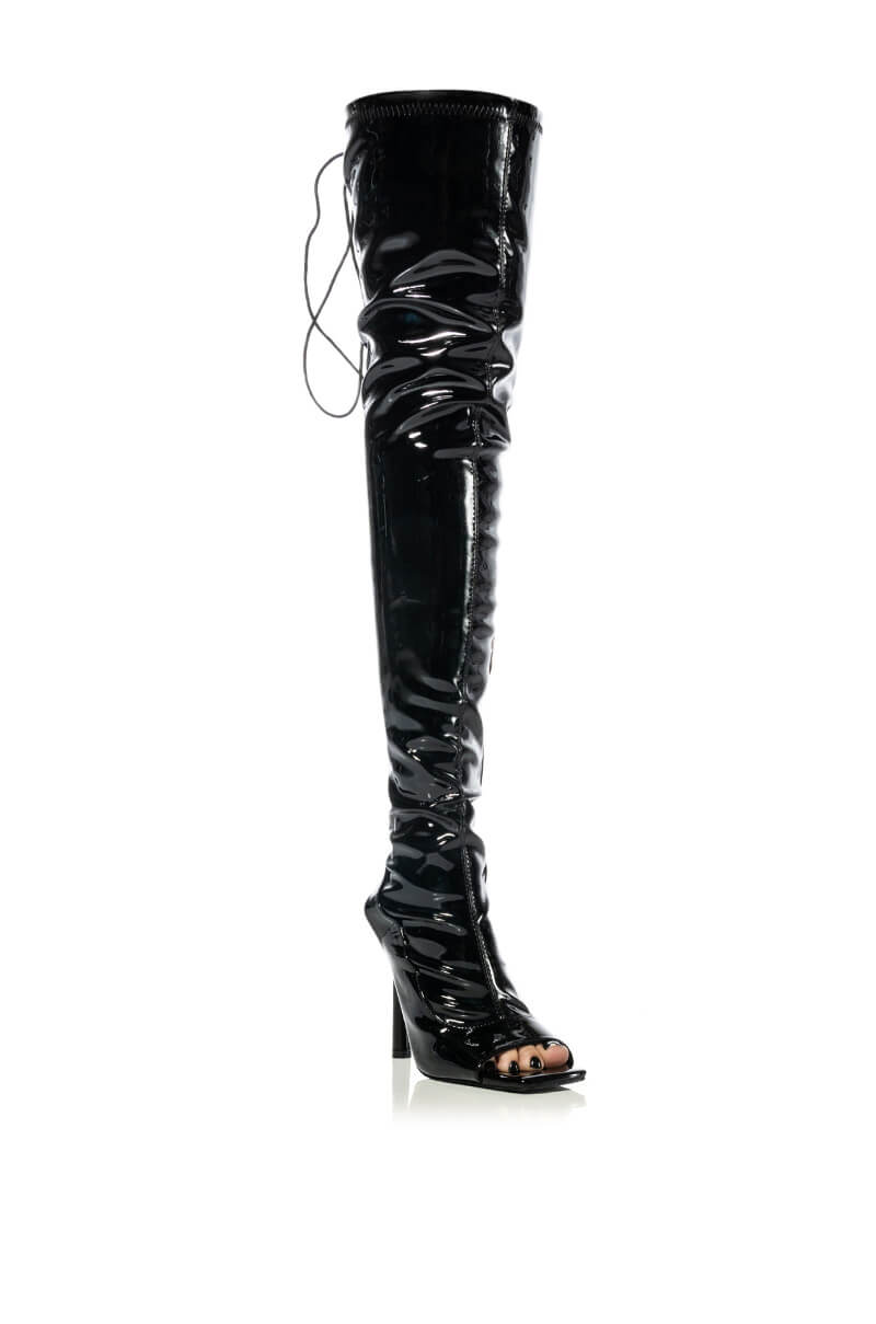 AZALEA WANG YORI SEXY PATENT OPEN TOE BOOT IN BLACK
