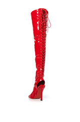 AZALEA WANG YORI SEXY PATENT OPEN TOE BOOT IN RED