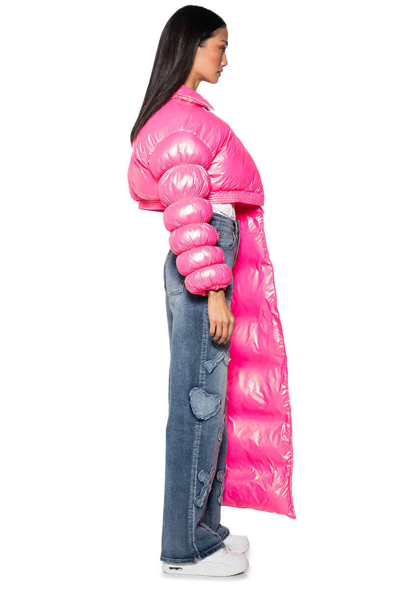 BACK AT IT PINK PUFFER WITH ZIP OF SCARF