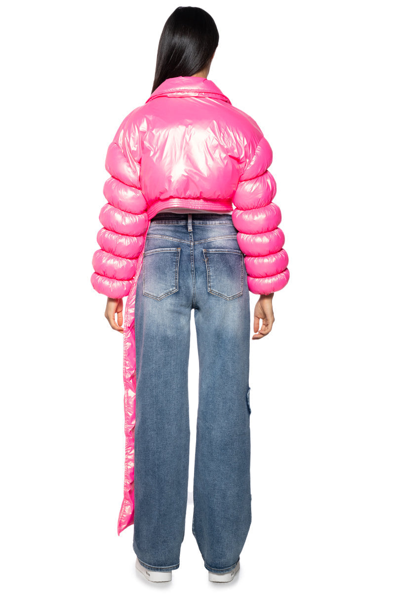 BACK AT IT PINK PUFFER WITH ZIP OF SCARF
