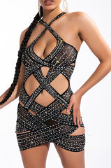 BAD AND RICH CUT OUT RHINESTONE MINI DRESS
