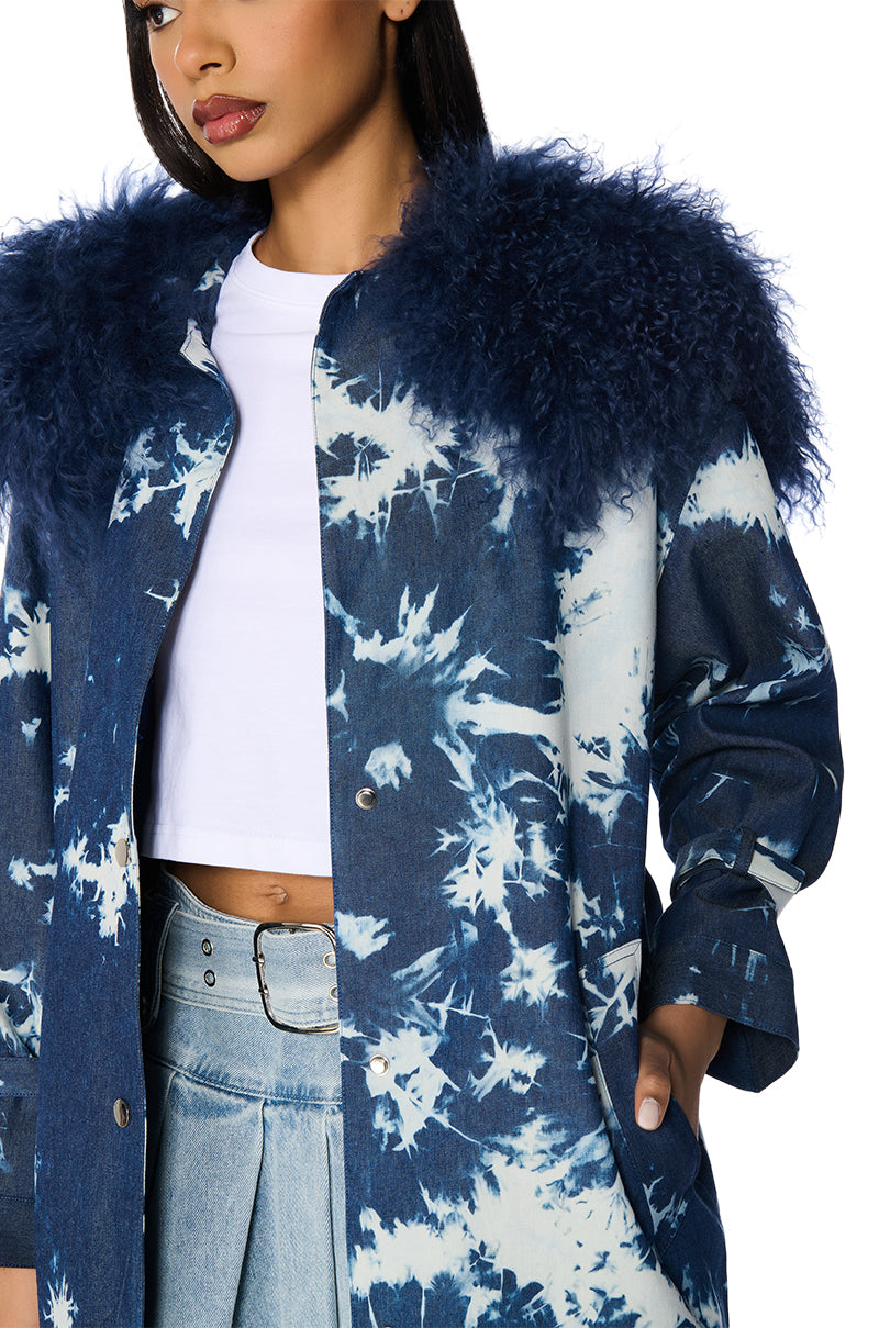 BALAGIO TIE DYE TRENCH WITH MOHAIR COLLAR