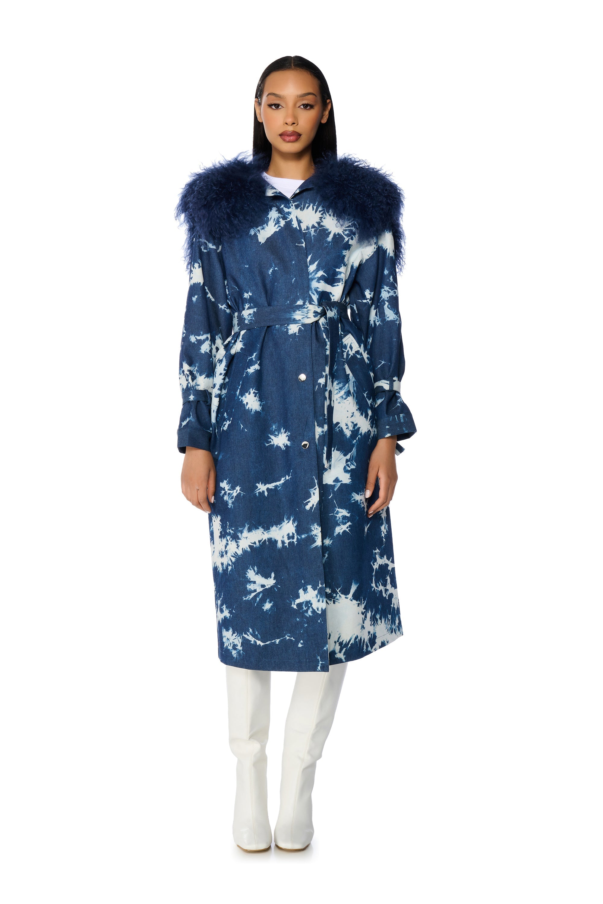 BALAGIO TIE DYE TRENCH WITH MOHAIR COLLAR