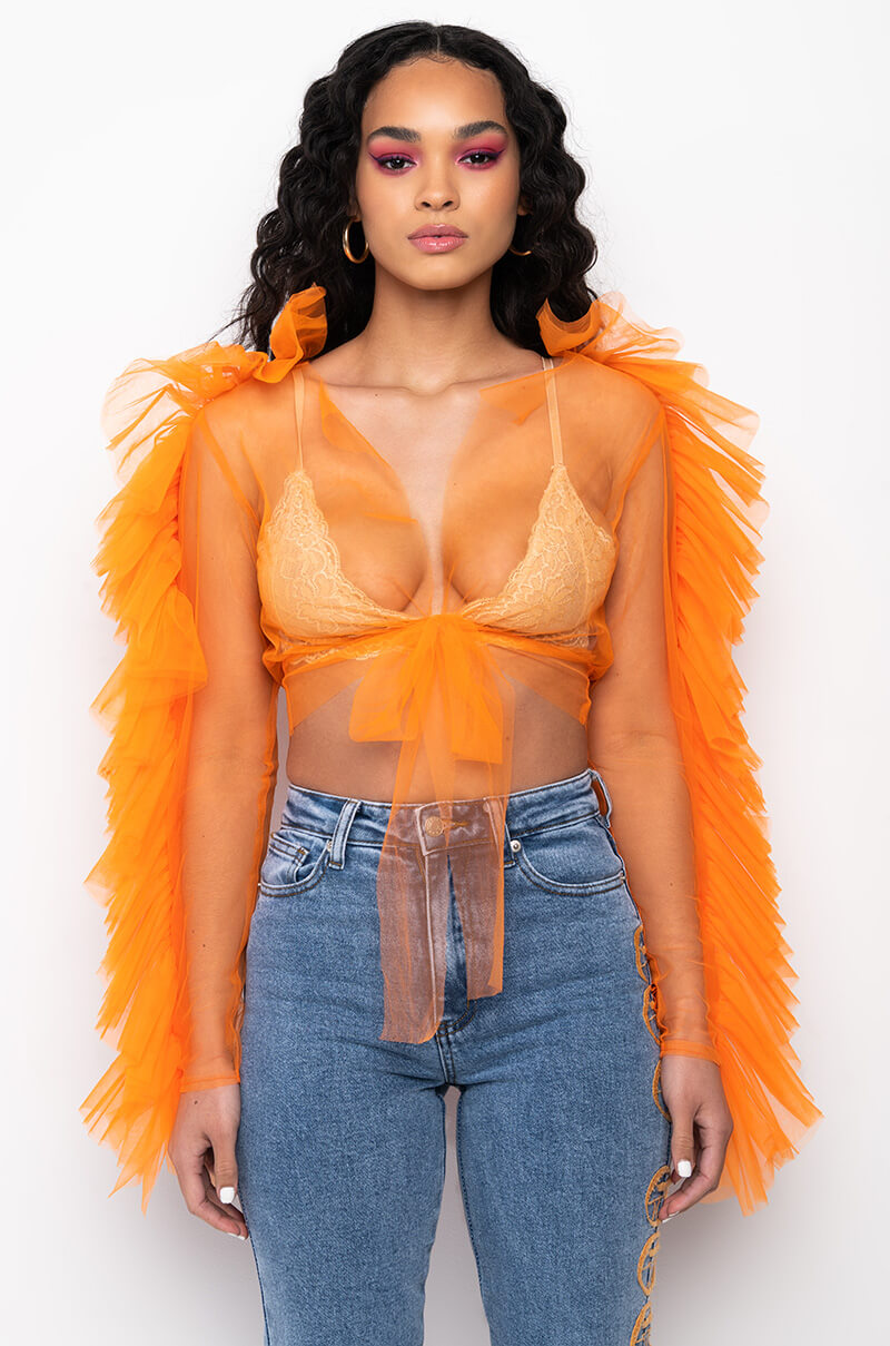 BASEL RUFFLE SLEEVE TIE FRONT TULLE BLOUSE