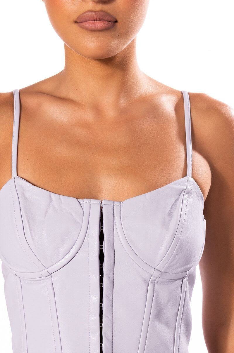 BE ABOUT IT SLEEVELESS FAUX LEATHER CORSET
