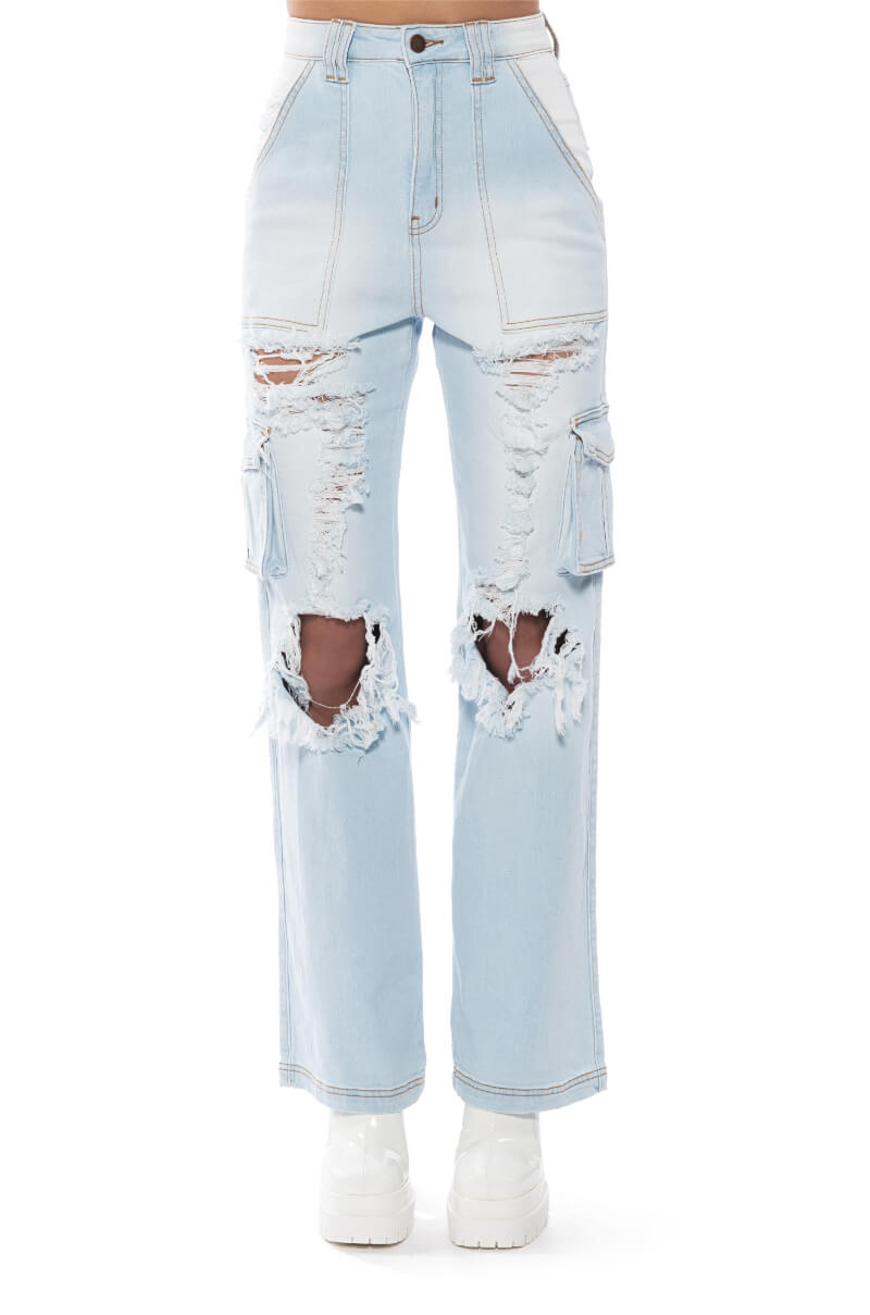 BE REAL DISTRESSED CARGO HIGH RISE JEANS