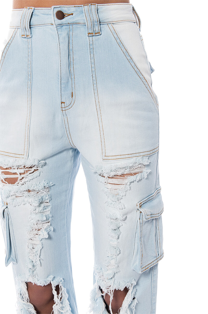 BE REAL DISTRESSED CARGO HIGH RISE JEANS
