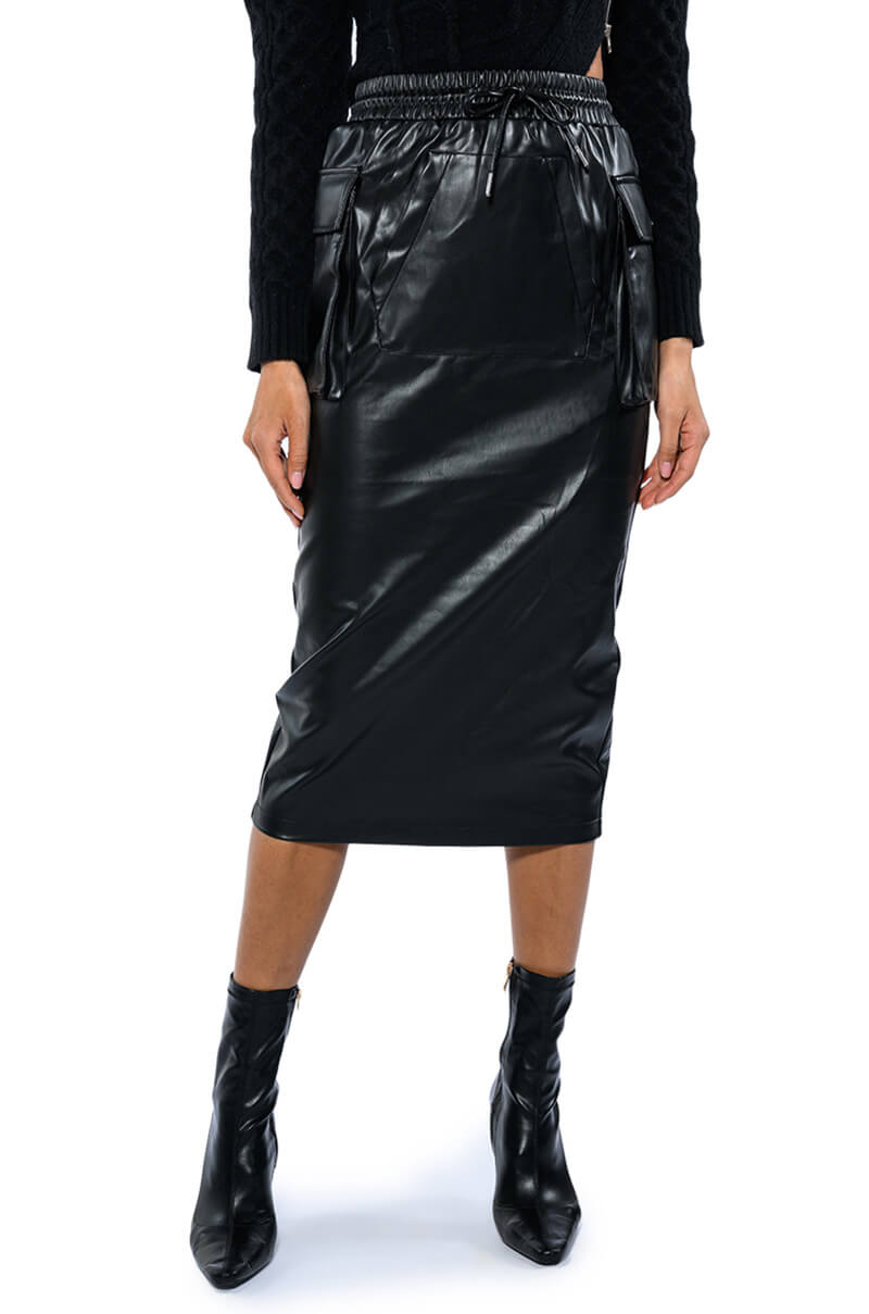 BEGIN AGAIN FAUX LEATHER MIDI SKIRT