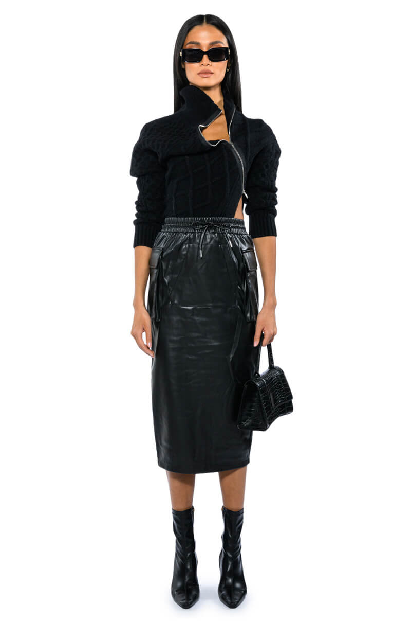 BEGIN AGAIN FAUX LEATHER MIDI SKIRT