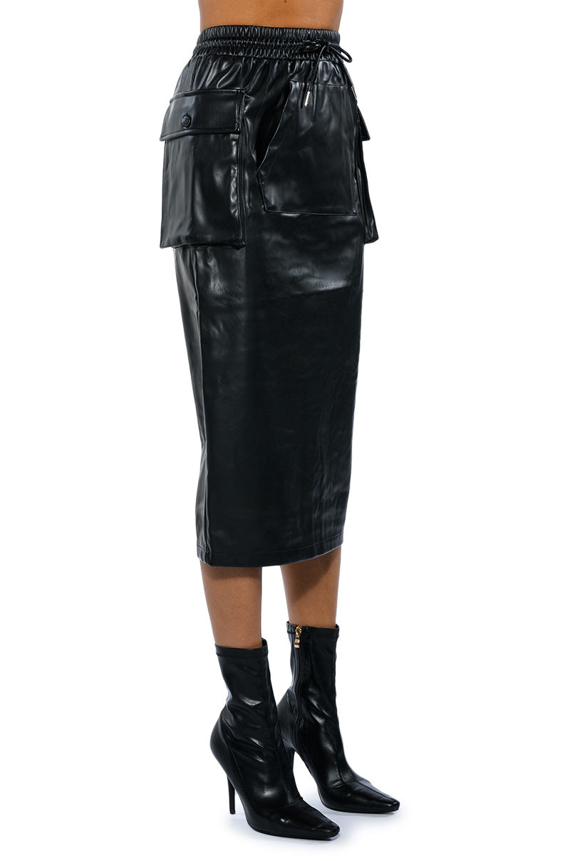 BEGIN AGAIN FAUX LEATHER MIDI SKIRT