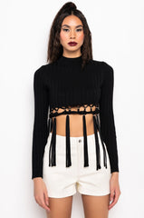 BELLE RIBBED FRINGE DETAIL TURTLENECK SWEATER