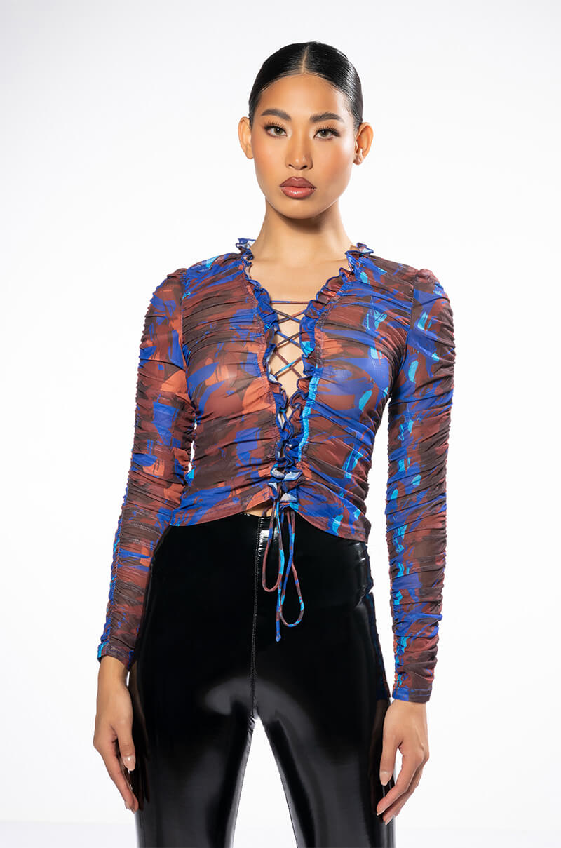 BERRY DRIP RUCHED LACE UP LONGSLEEVE MESH TOP
