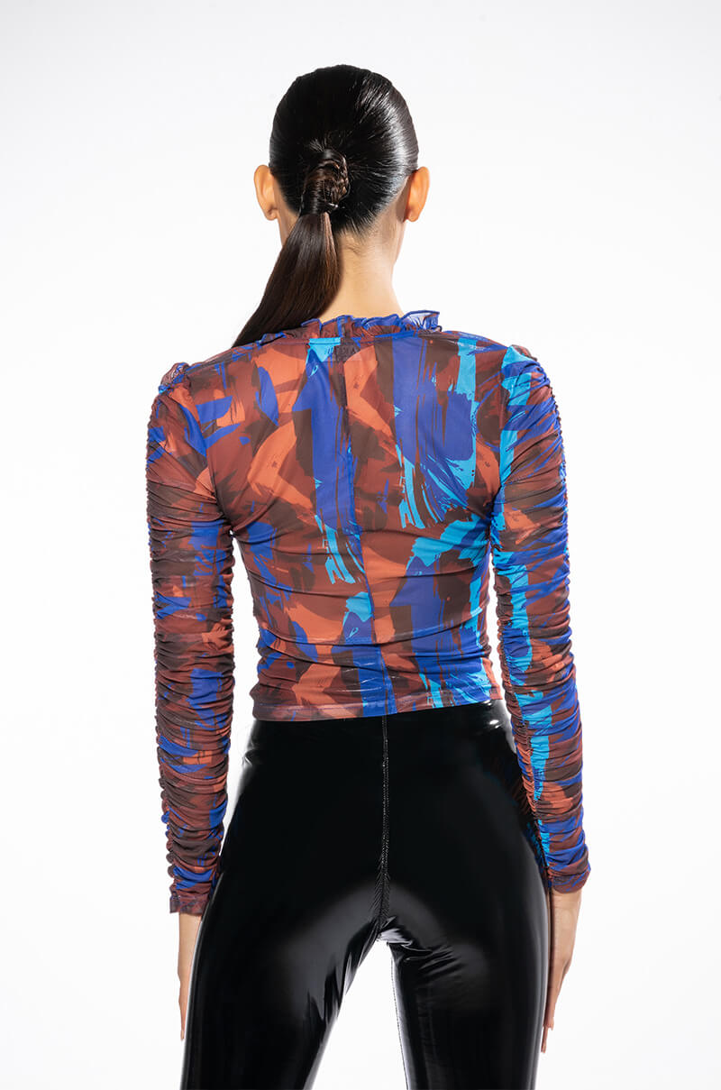 BERRY DRIP RUCHED LACE UP LONGSLEEVE MESH TOP