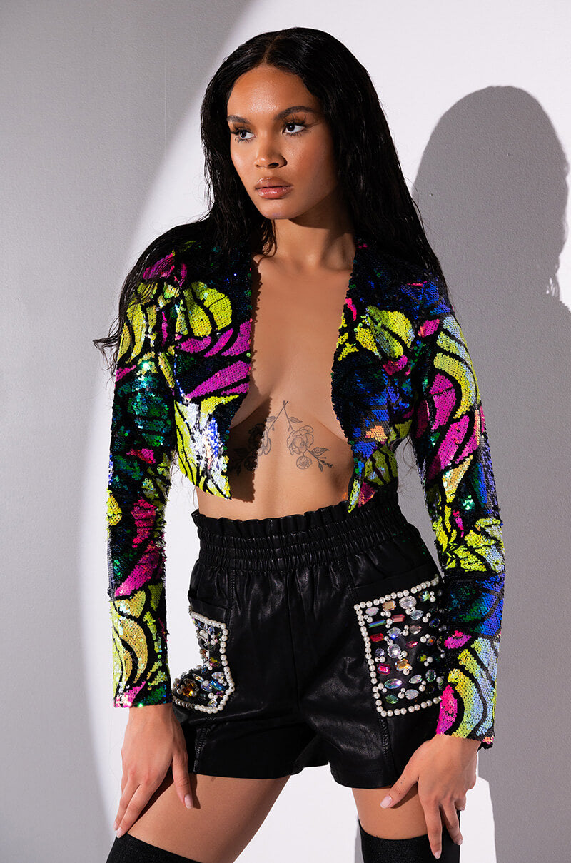 BETTER TO LOVE AT MIDNIGHT CROP SEQUIN BLAZER
