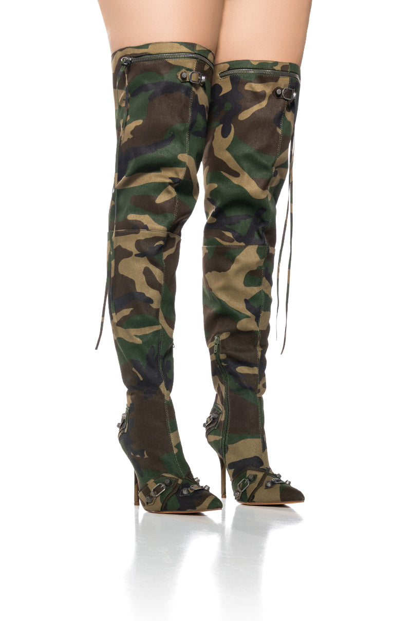 BEXIE CAMO THIGH HIGH STILETTO BOOT