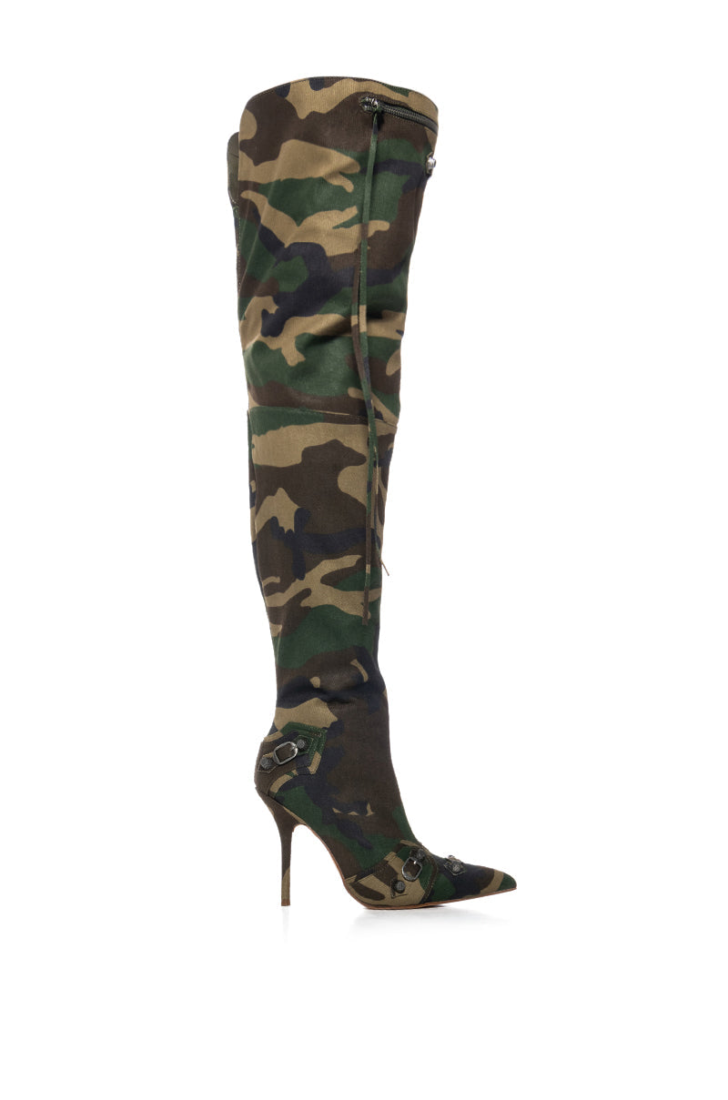 BEXIE CAMO THIGH HIGH STILETTO BOOT