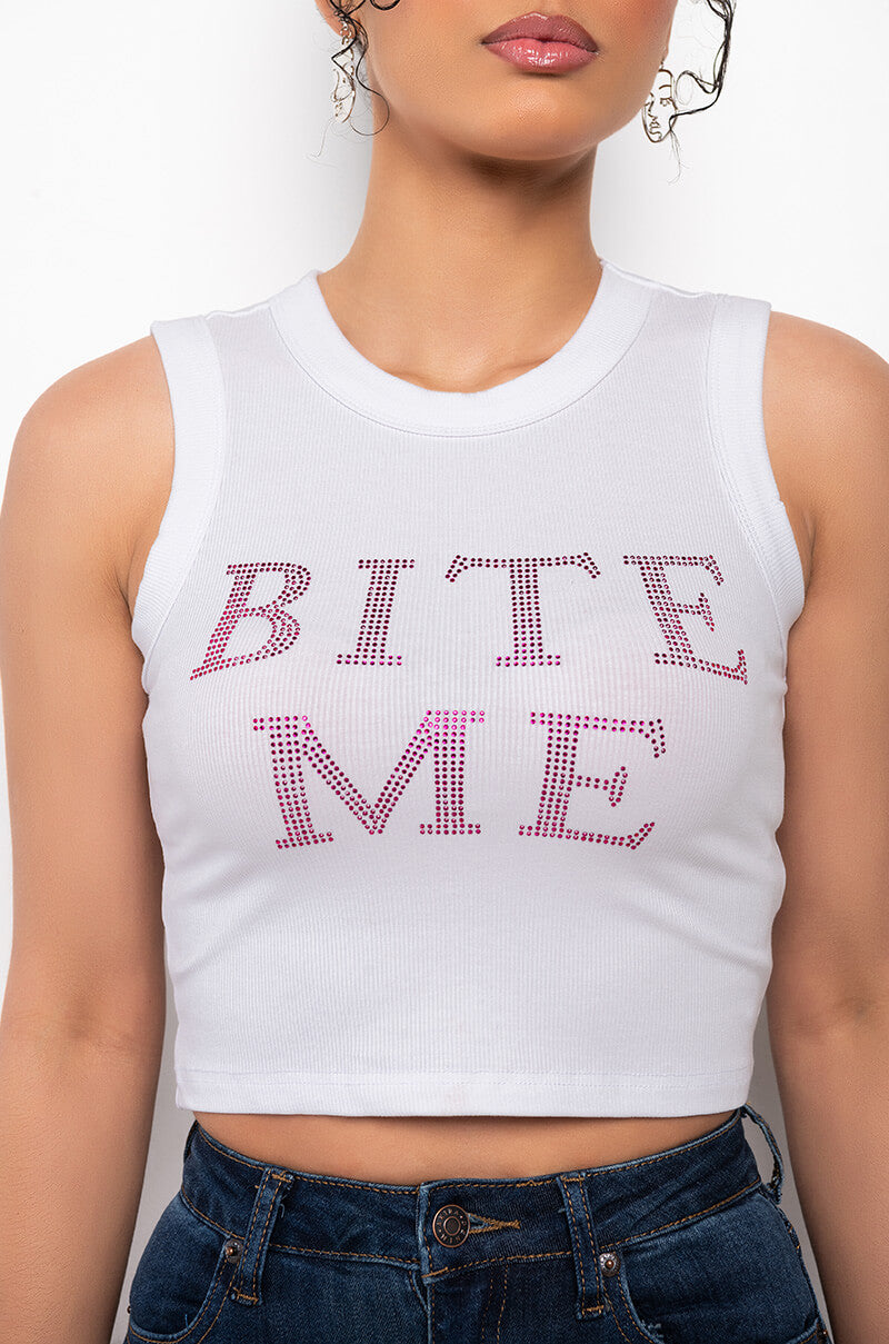 BITE ME RHINESTONE RIBBED TANK