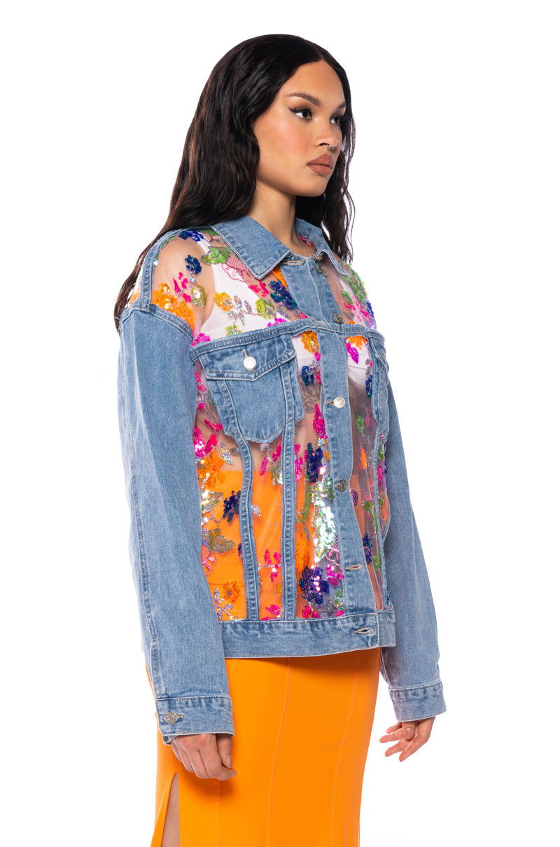 MERCER FLORAL SHEER DENIM JACKET