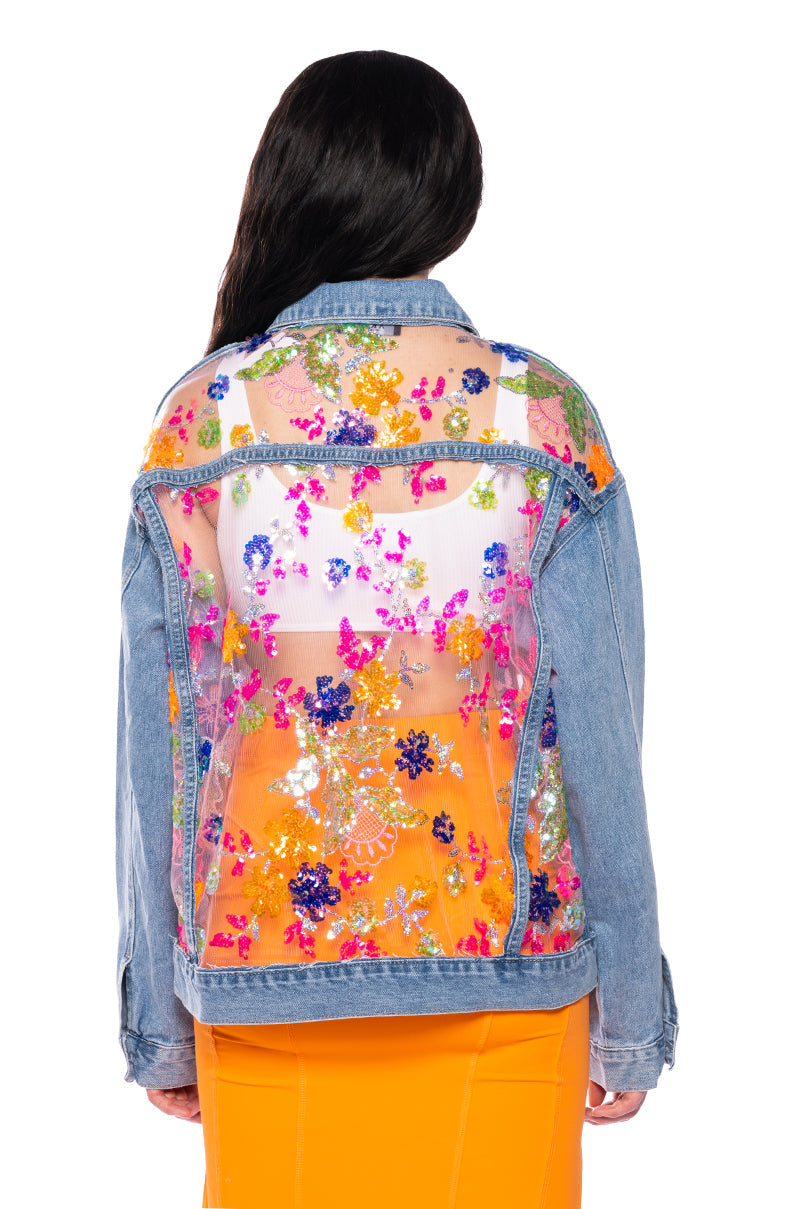 MERCER FLORAL SHEER DENIM JACKET
