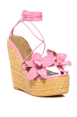 BLOOMY FLOWER LACE UP WEDGE SANDAL IN PINK