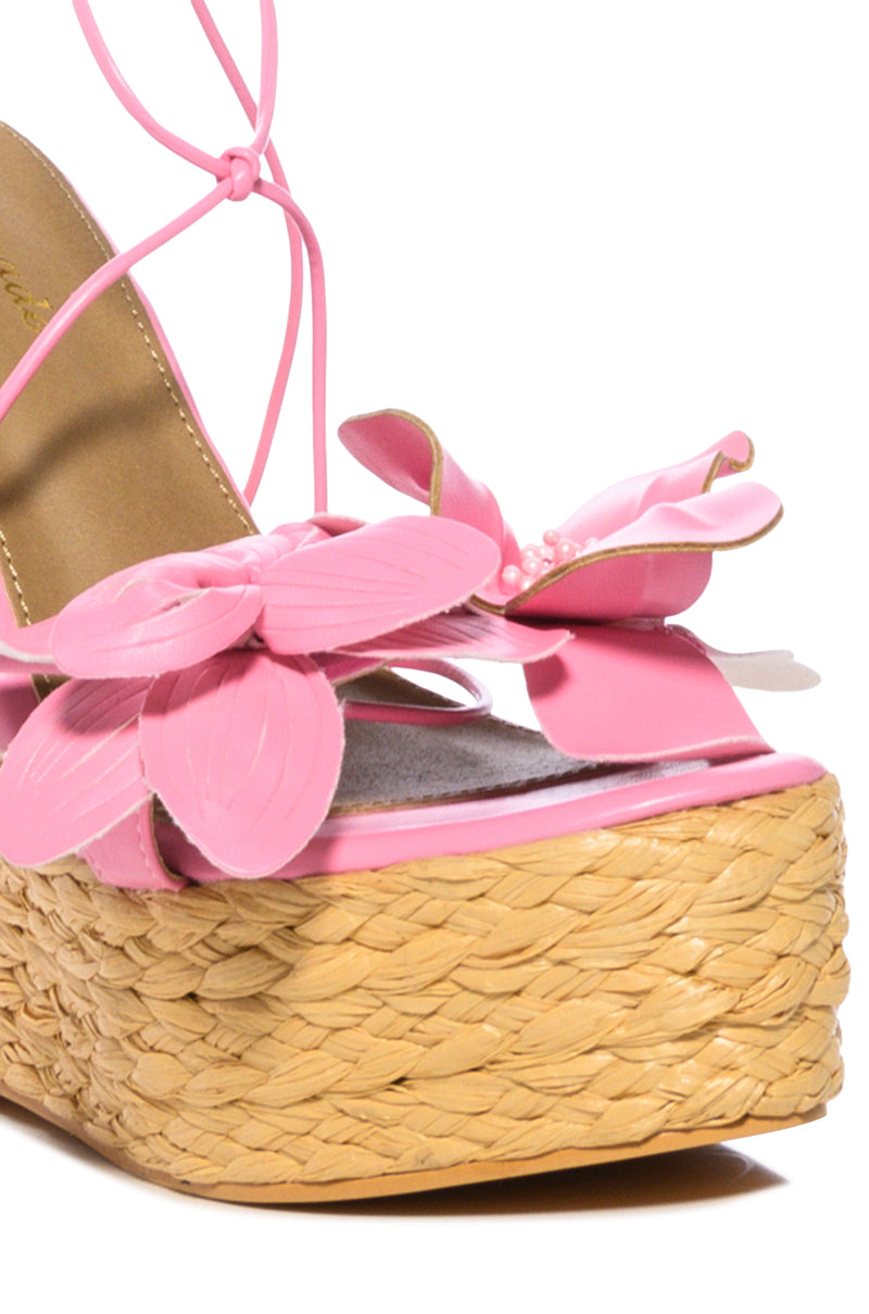 BLOOMY FLOWER LACE UP WEDGE SANDAL IN PINK