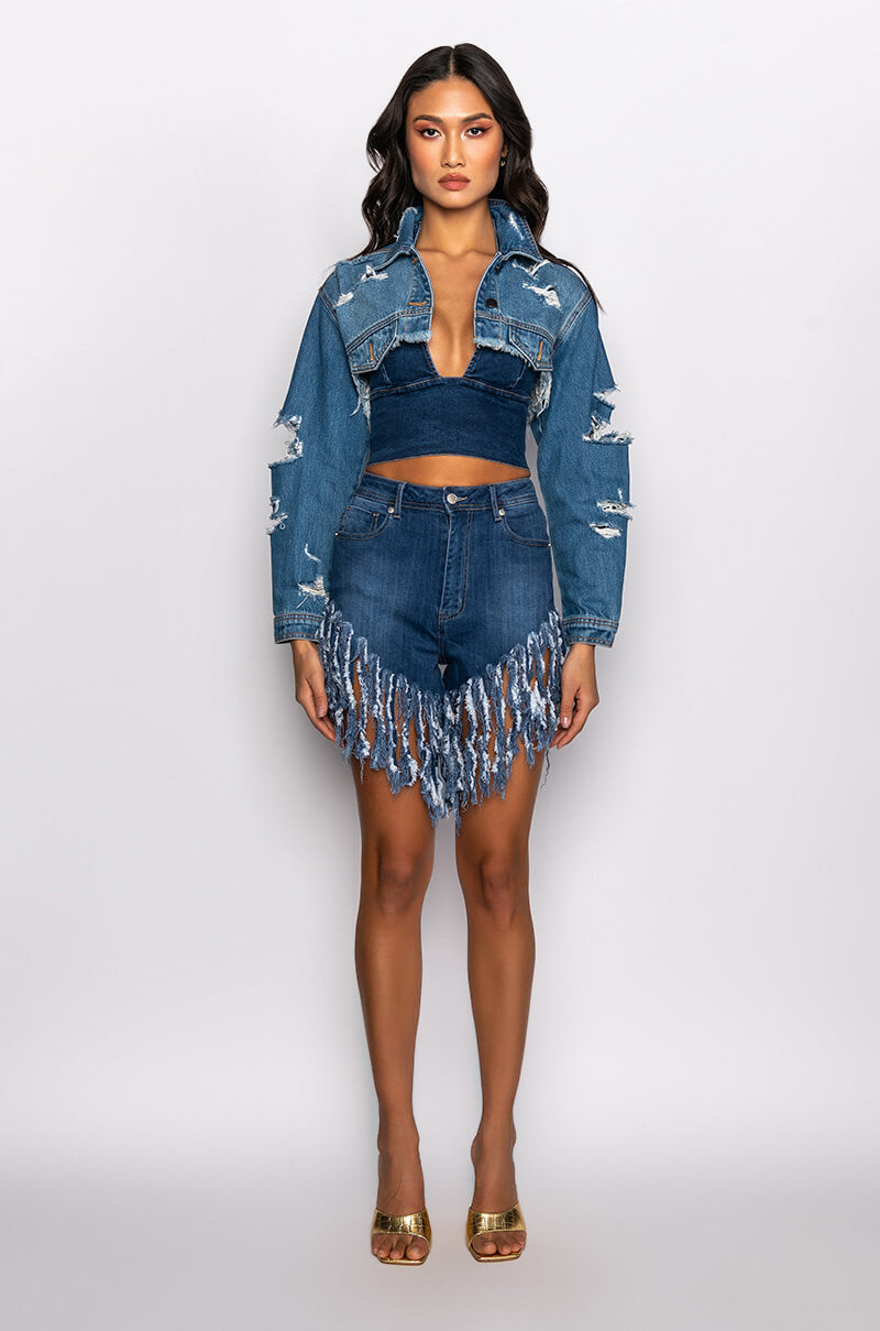 BLUE LAGOON SUPER SHREDDED FRINGE DENIM SHORT