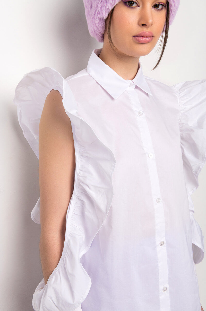 TYRA RUFFLE SLEEVE POPLIN BLOUSE