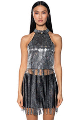 BREAK MY SOUL RHINESTONE EMBELLISHED MOCK NECK FRINGE TOP