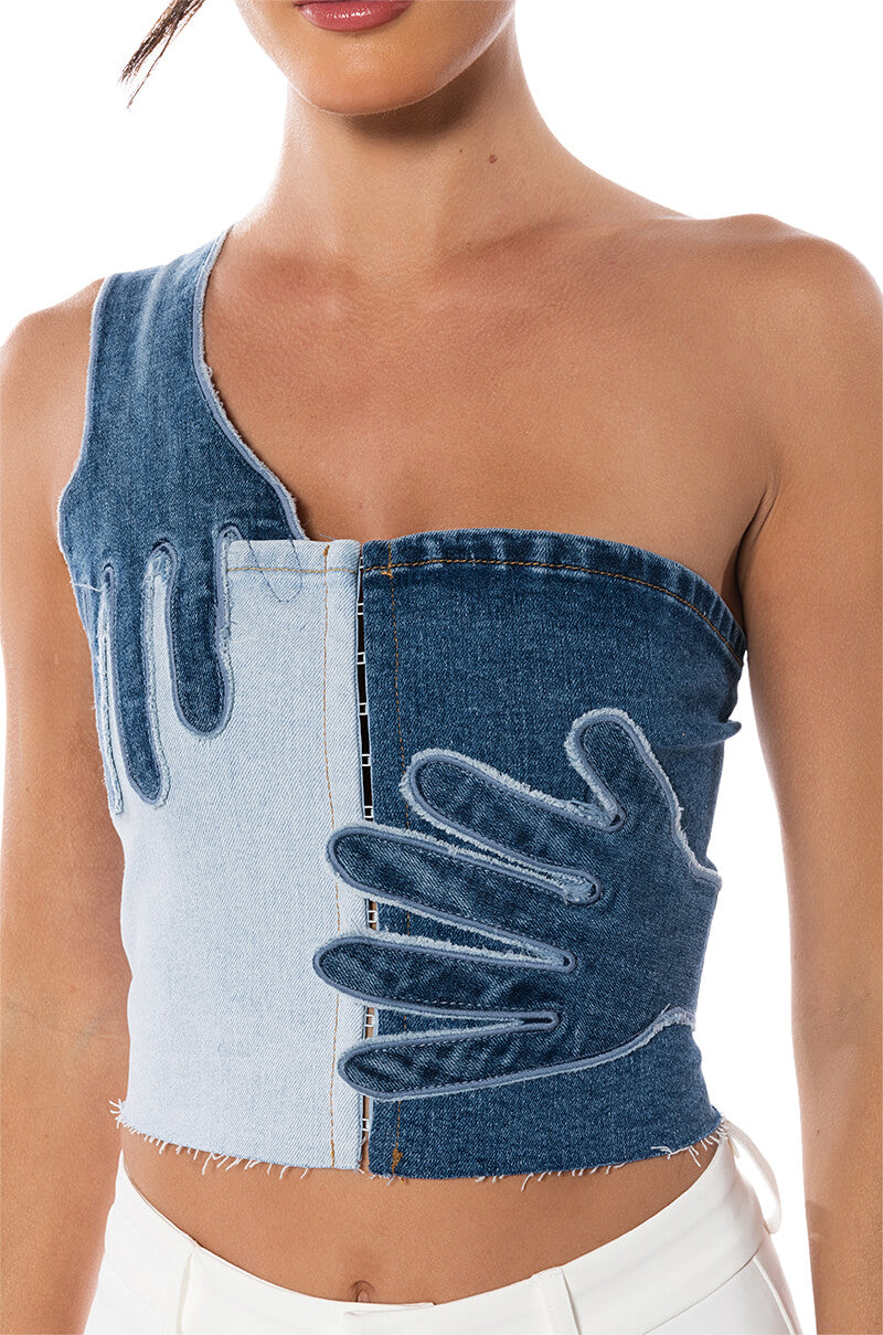 BREAKING CHAINS TWO TONED DENIM TOP