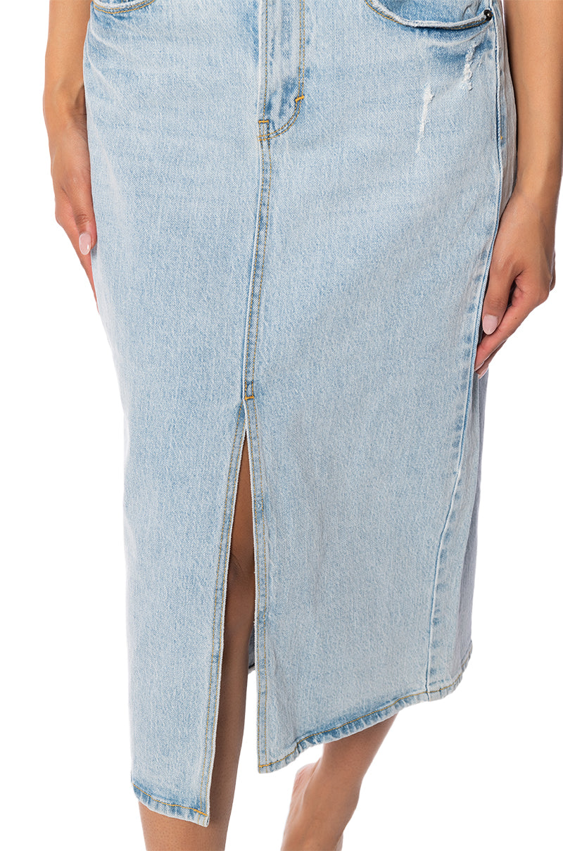 BRIANA CENTER SLIT DENIM MIDI SKIRT