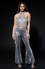 BRIGHTNESS SEQUIN FLARE PANT IN SILVER