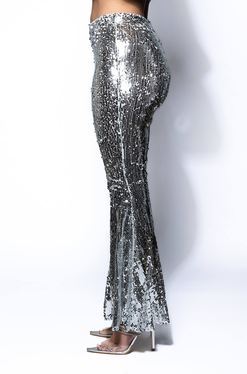 BRIGHTNESS SEQUIN FLARE PANT IN SILVER