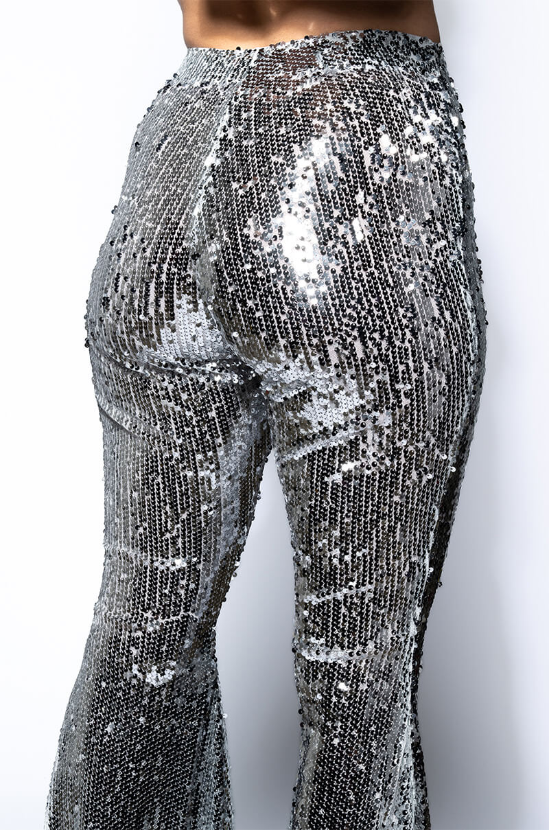 BRIGHTNESS SEQUIN FLARE PANT IN SILVER