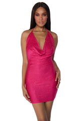 BRING IT EMBELLISHED COWL NECK MINI DRESS IN HOT PINK