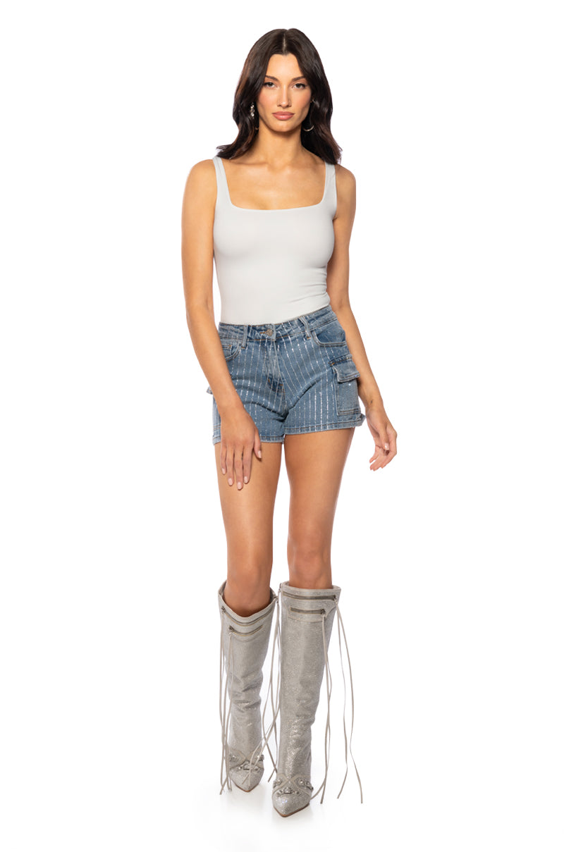 BRITTNI RHINESTONE CARGO DENIM SHORT