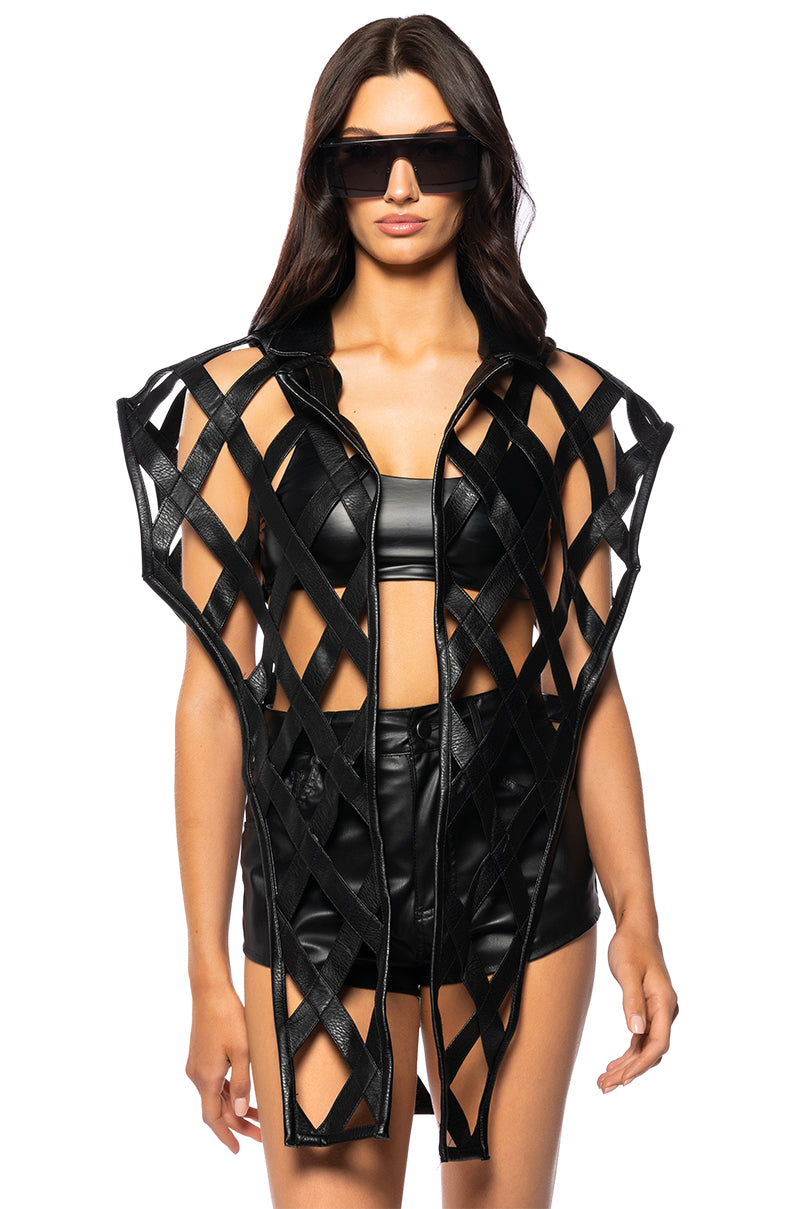 CAGED PU MOTO VEST WITH FRONT DRAPE