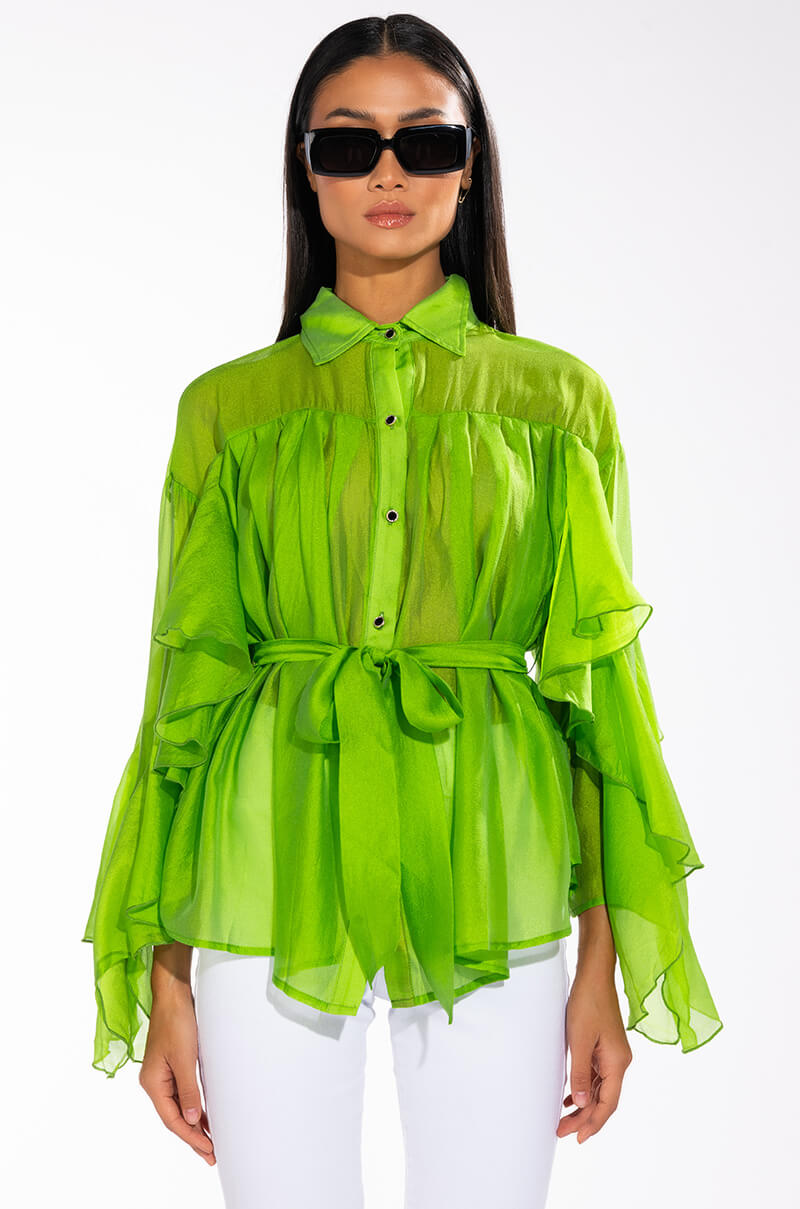 CALL THE SHOTS LONG SLEEVE RUFFLE BUTTON DOWN BLOUSE
