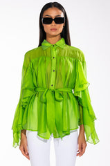CALL THE SHOTS LONG SLEEVE RUFFLE BUTTON DOWN BLOUSE