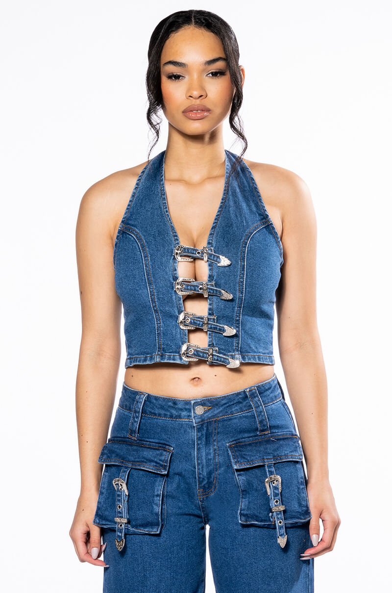 CALYPSO DENIM HALTER NECK TOP