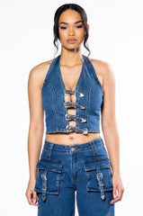 CALYPSO DENIM HALTER NECK TOP