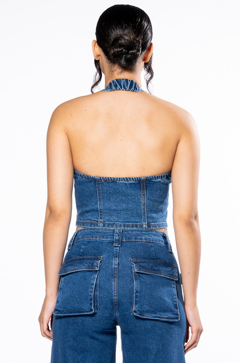 CALYPSO DENIM HALTER NECK TOP