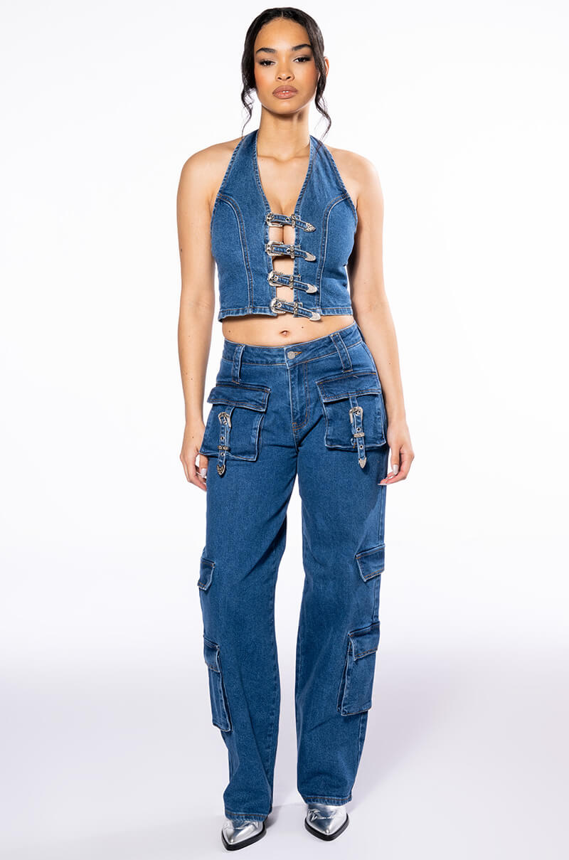 CALYPSO DENIM HALTER NECK TOP