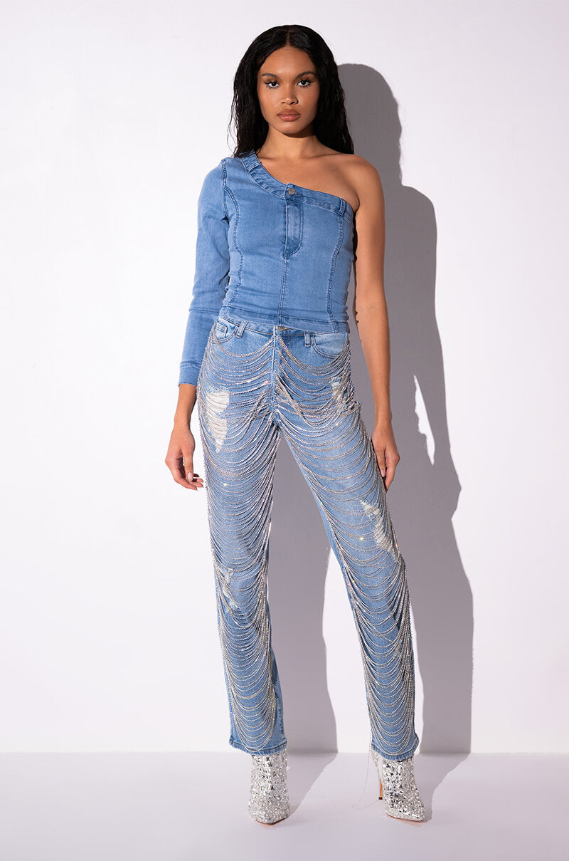 CAN'T DENY ONE SLEEVE DENIM TOP
