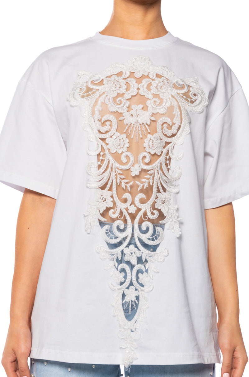 CARA SHEER LACE DETAILED T SHIRT IN WHITE