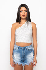 SELENE RHINESTONE RIBBED ONE SHOULDER CROP TANK