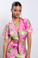 CATCH ME IN MIAMI PRINTED SATIN SHIRT