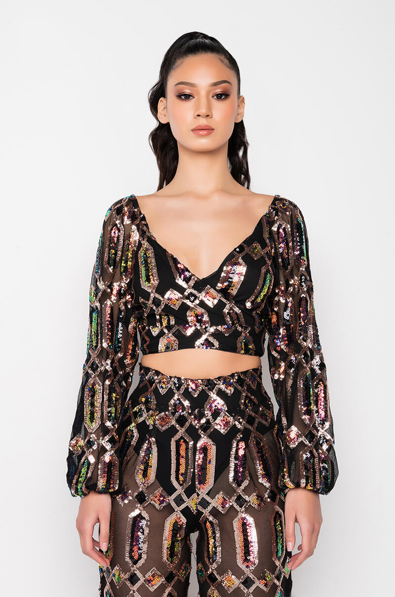 CELINE SEQUIN CROSS FRONT BLOUSE