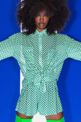 CENTRAL PARK GINGHAM MESH BUTTON DOWN BLOUSE