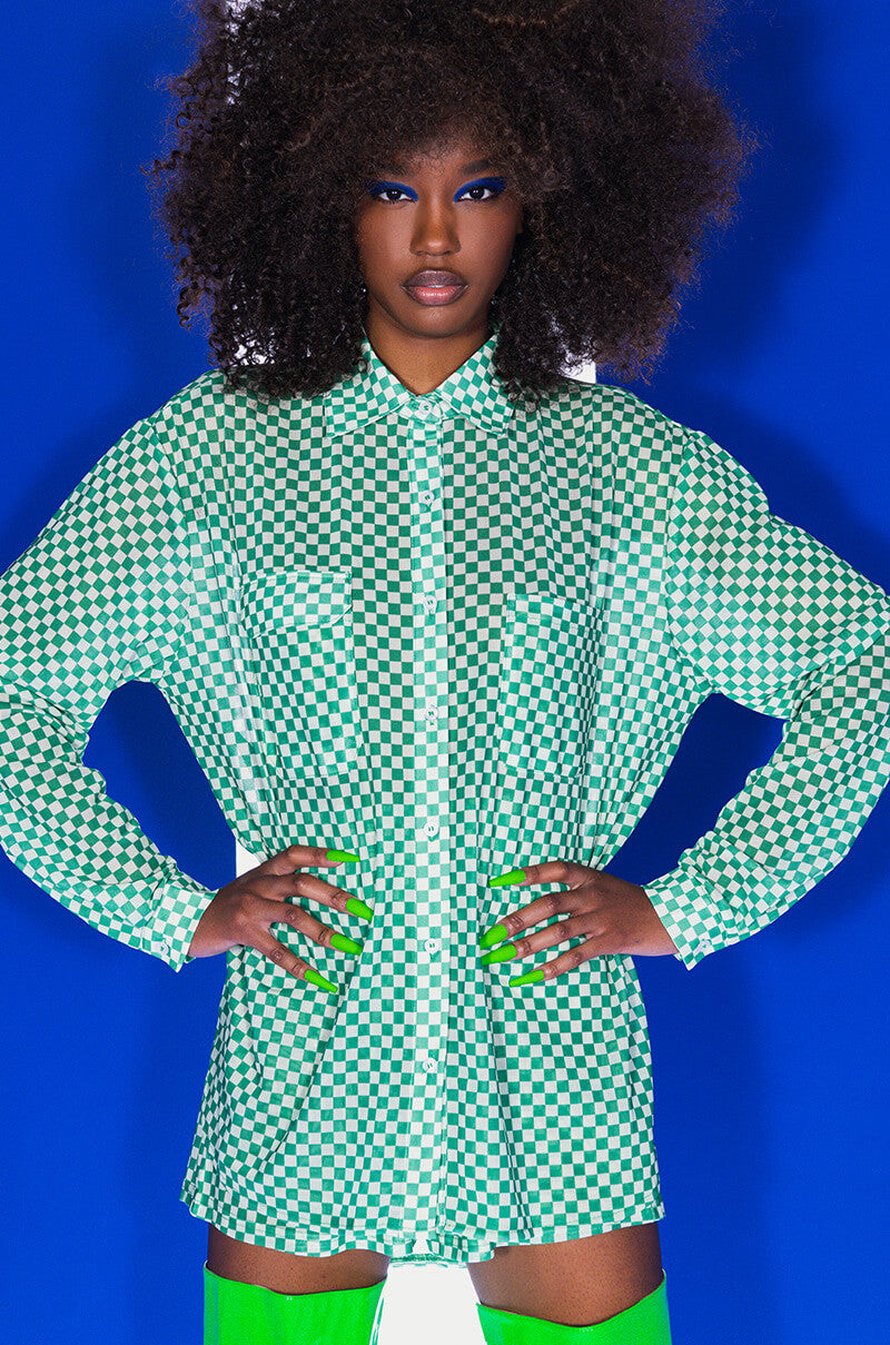 CENTRAL PARK GINGHAM MESH BUTTON DOWN BLOUSE