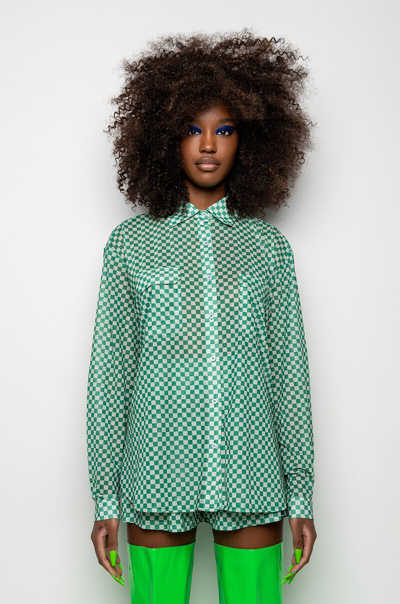 CENTRAL PARK GINGHAM MESH BUTTON DOWN BLOUSE